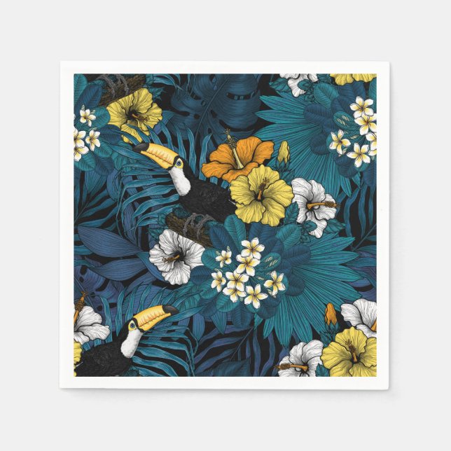 Toucans and tropical flora, blue , yellow , orange napkin (Front)