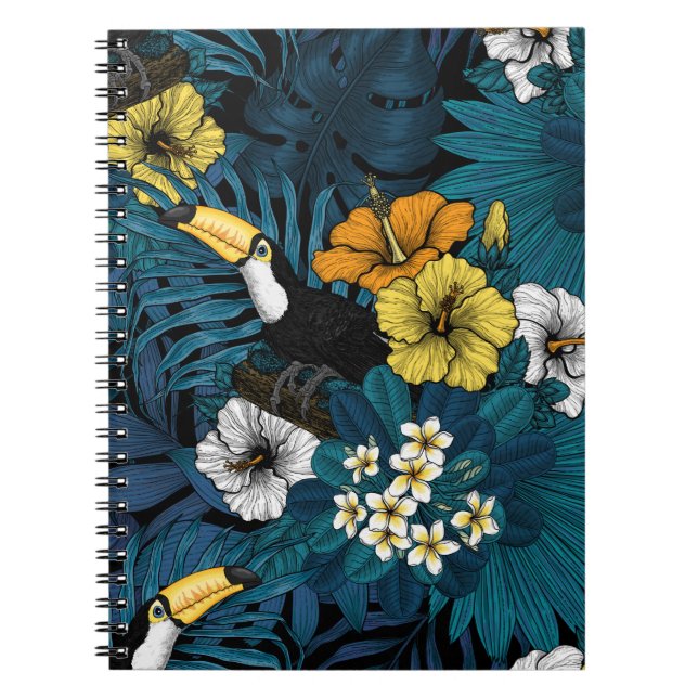 Toucans and tropical flora, blue , yellow , orange notebook (Front)