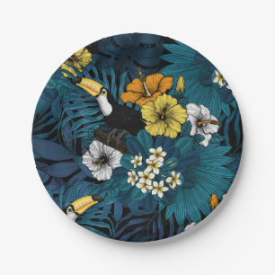 Toucans and tropical flora, blue , yellow , orange paper plate