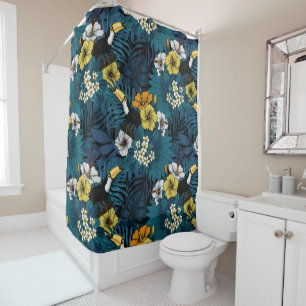 Toucans and tropical flora, blue , yellow , orange shower curtain