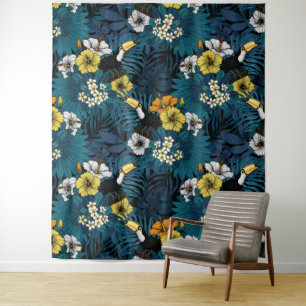 Toucans and tropical flora, blue , yellow , orange tapestry