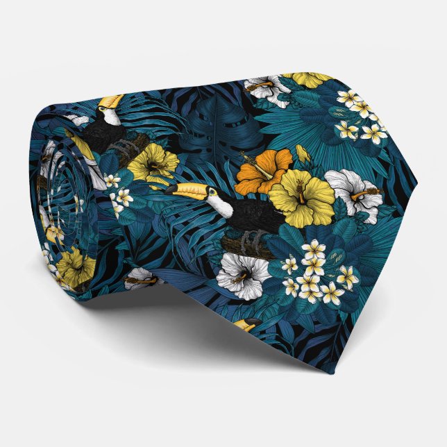 Toucans and tropical flora, blue , yellow , orange tie (Rolled)