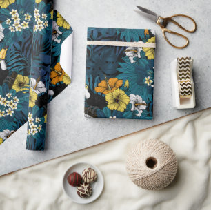 Toucans and tropical flora, blue , yellow , orange wrapping paper