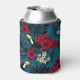 Toucans and tropical flora, green and red can cooler