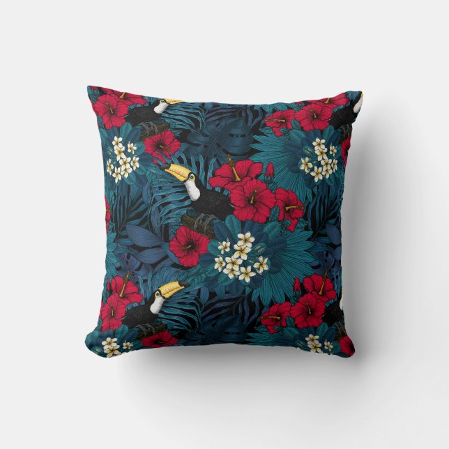 Toucans and tropical flora, green and red cushion (Front)