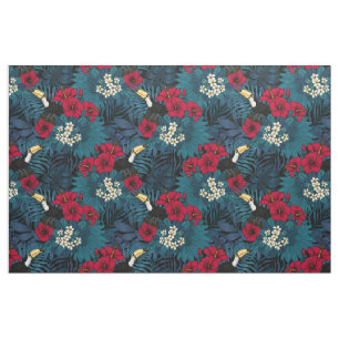 Toucans and tropical flora, green and red fabric