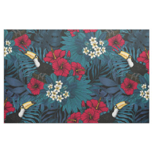 Toucans and tropical flora, green and red fabric