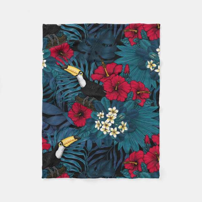 Toucans and tropical flora, green and red fleece blanket (Front)