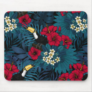 Toucans and tropical flora, green and red mouse mat