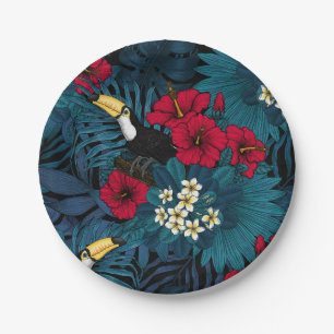Toucans and tropical flora, green and red paper plate
