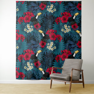 Toucans and tropical flora, green and red tapestry
