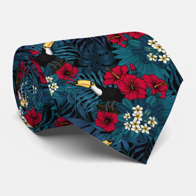 Toucans and tropical flora, green and red tie (Rolled)