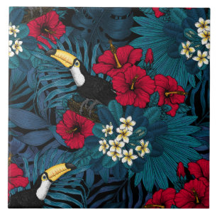 Toucans and tropical flora, green and red tile