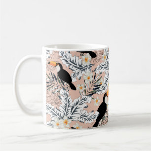 Toucans, graphic palm leaves, plumeria flowers, pa coffee mug