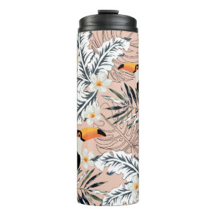 Toucans, graphic palm leaves, plumeria flowers, pa thermal tumbler