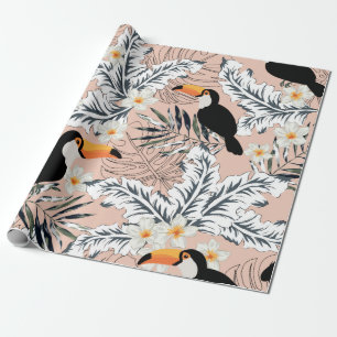 Toucans, graphic palm leaves, plumeria flowers, pa wrapping paper
