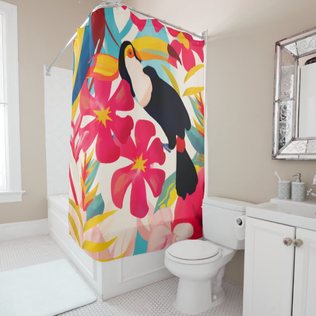 Toucans in paradise Tropical art shower curtain (In Situ)