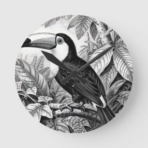 Toucans Jungle Foliage Engraving Round Clock