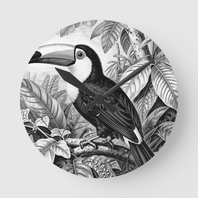 Toucans Jungle Foliage Engraving Round Clock (Front)