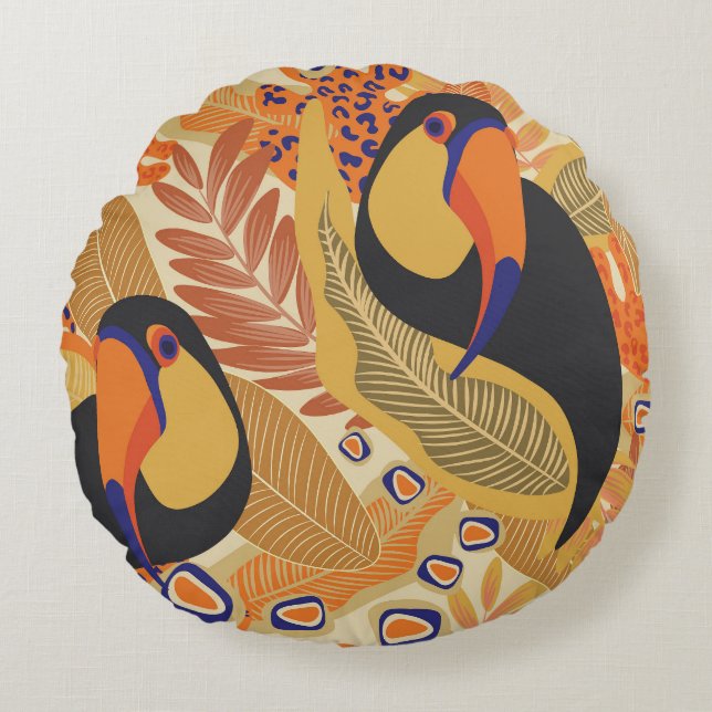 Toucans on branches, seamless tropical pattern. round cushion (Front)