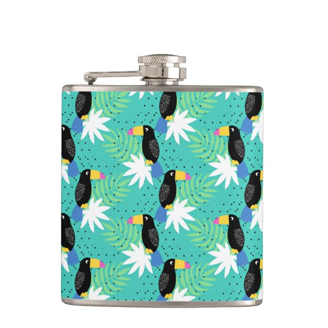 Toucans On Teal Hip Flask (Front)
