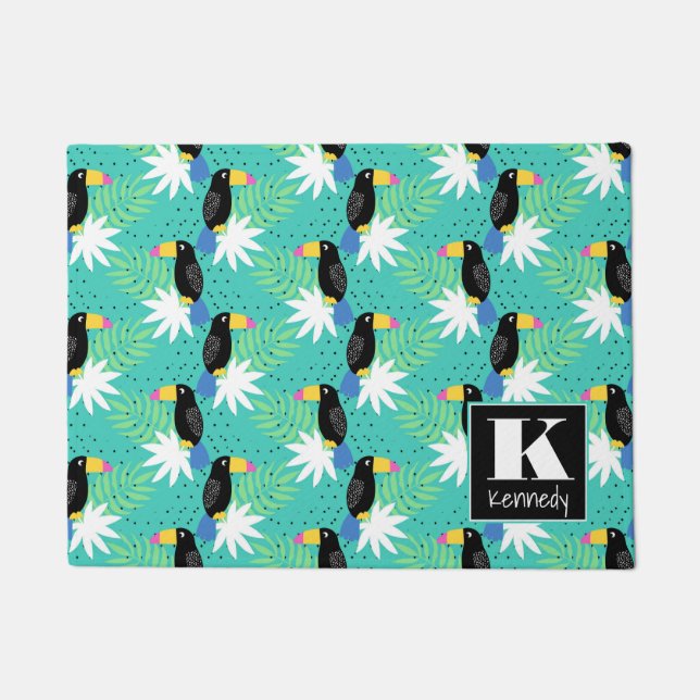Toucans On Teal | Monogram Doormat (Front)