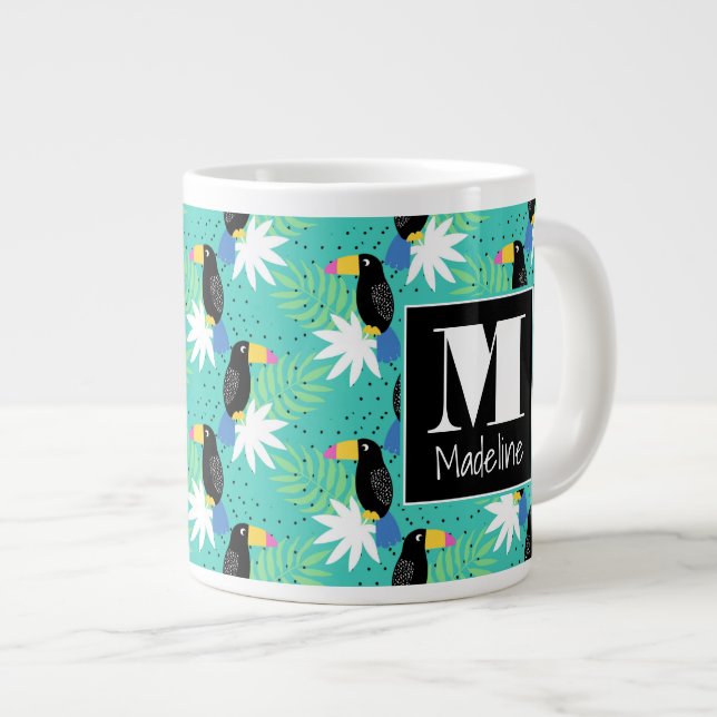 Toucans On Teal | Monogram Large Coffee Mug (Front Right)