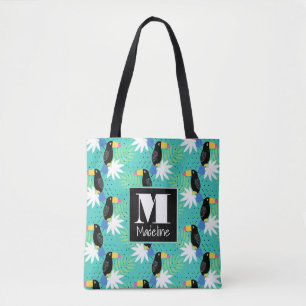 Toucans On Teal   Monogram Tote Bag