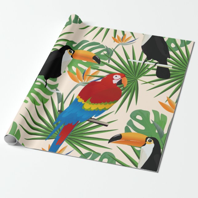 Toucans & Parrots Pattern Wrapping Paper (Unrolled)