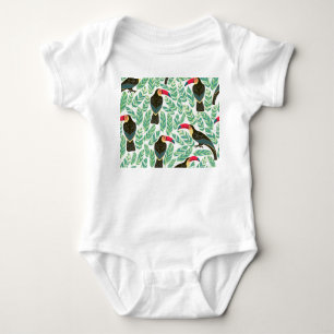 Toucans, tropical leaves, decorative pattern. baby bodysuit