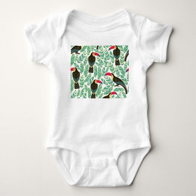 Toucans, tropical leaves, decorative pattern. baby bodysuit (Front)