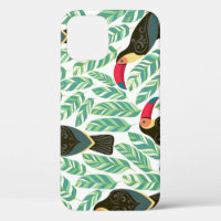 Toucans, tropical leaves, decorative pattern.