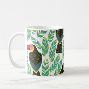 Toucans, tropical leaves, decorative pattern. coffee mug