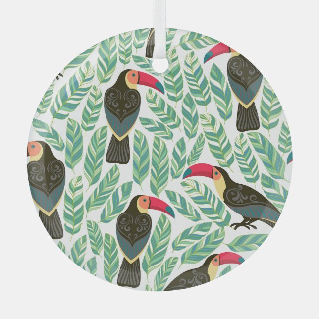 Toucans, tropical leaves, decorative pattern. glass tree decoration (Front)