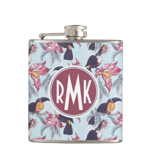 Toucans With Exotic Flowers   Monogram Hip Flask