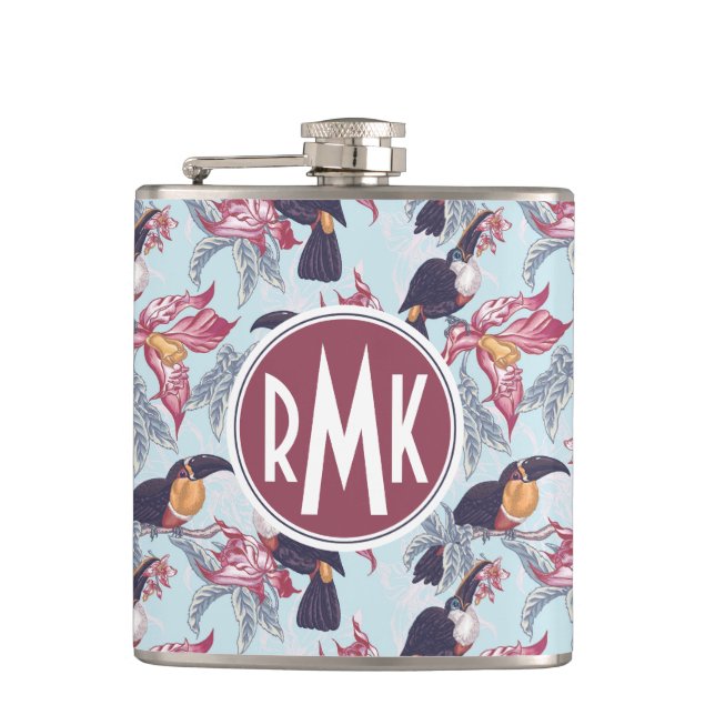 Toucans With Exotic Flowers | Monogram Hip Flask (Front)