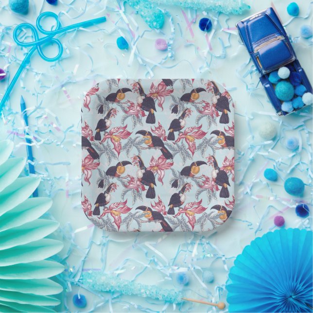 Toucans With Exotic Flowers Paper Plate (Party)