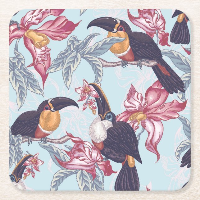 Toucans With Exotic Flowers Square Paper Coaster (Front)