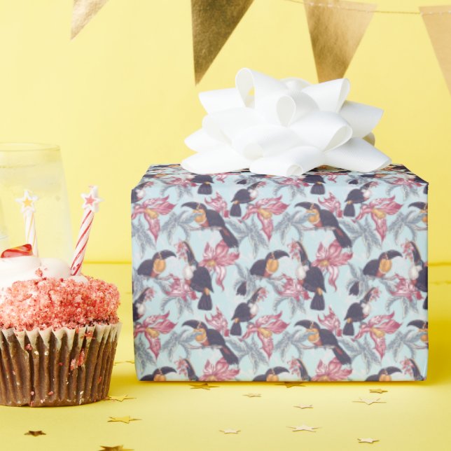 Toucans With Exotic Flowers Wrapping Paper (Birthday Party)