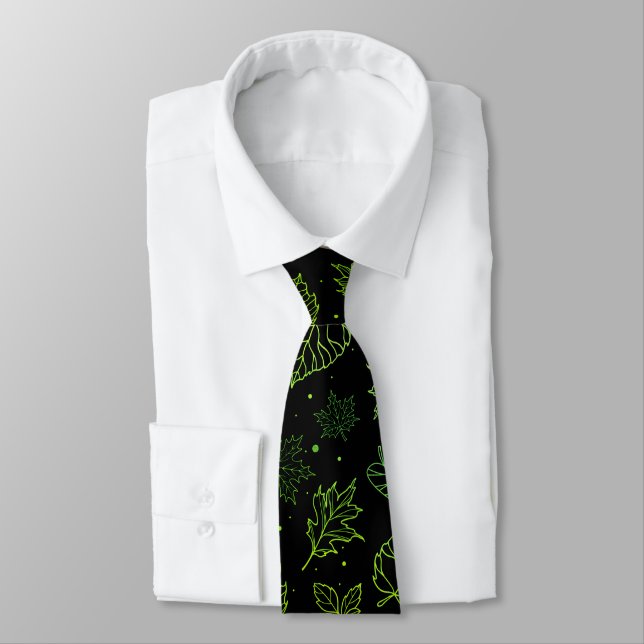 Touch of Elegance Green Leaves on Black  Tie (Tied)