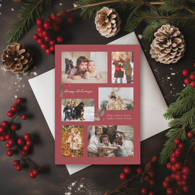 Touch of Holly Minimal Photo Collage Red Holiday Card (Creator Uploaded)
