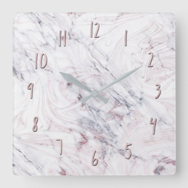 Touch of Rose White Grey Marble Swirl Chic Trendy Square Wall Clock (Front)