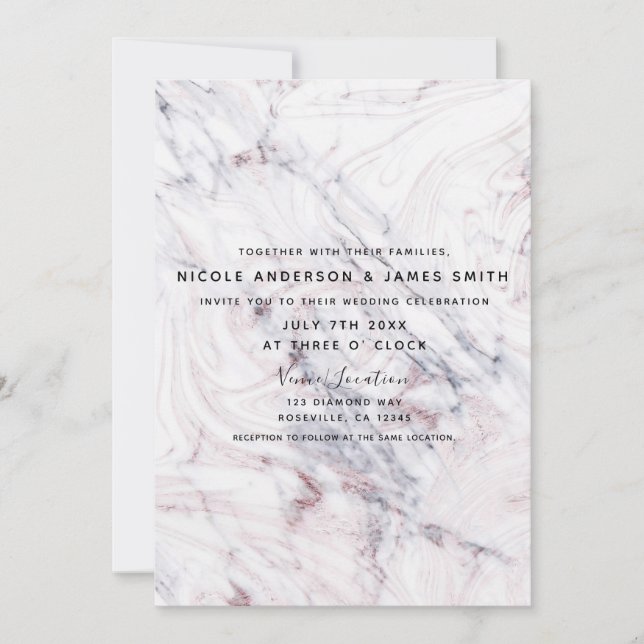Touch of Rose White Grey Marble Swirl Chic Wedding Invitation (Front)
