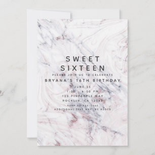 Touch of Rose White Grey Marble Swirl Sweet 16 Invitation