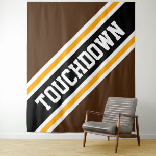 TOUCHDOWN Black Orange Brown Football Stripes Tapestry