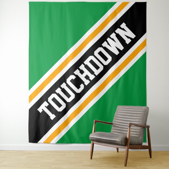 TOUCHDOWN Bright Green Black Orange Racing Stripes Tapestry (In Situ)