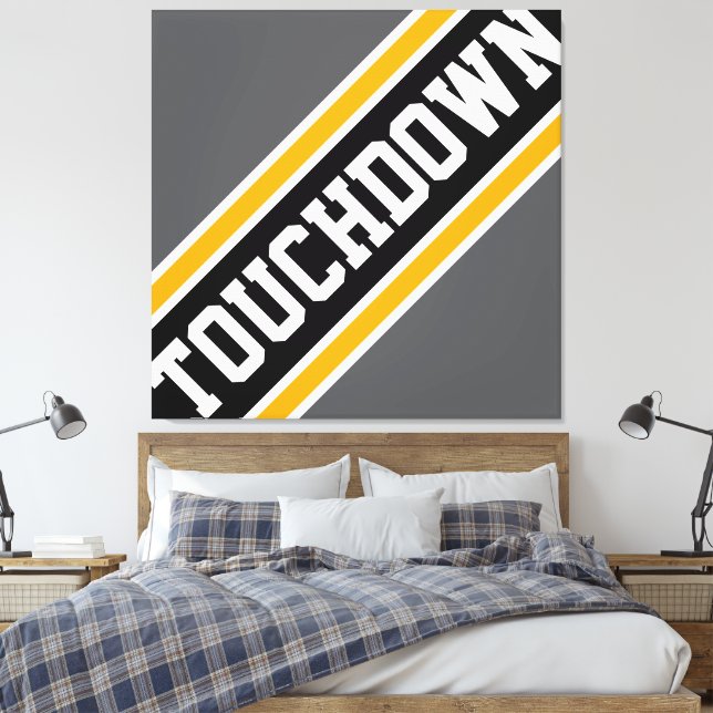 TOUCHDOWN Dynamic Grey Black White Yellow Stripes Canvas Print (Insitu(Bedroom))