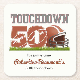 Touchdown Fifty Funny Football 50th Birthday Square Paper Coaster