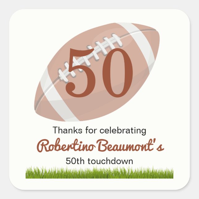 Touchdown Fifty Funny Football 50th Birthday Square Sticker (Front)