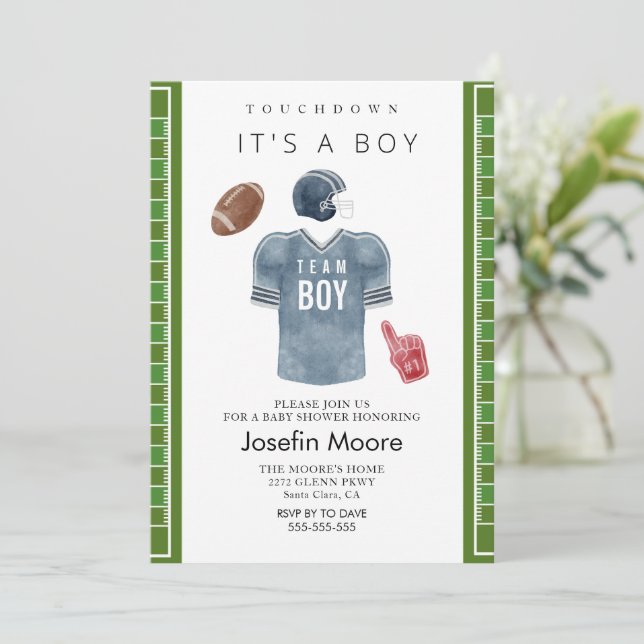 Touchdown football team boy baby shower  invitation (Standing Front)